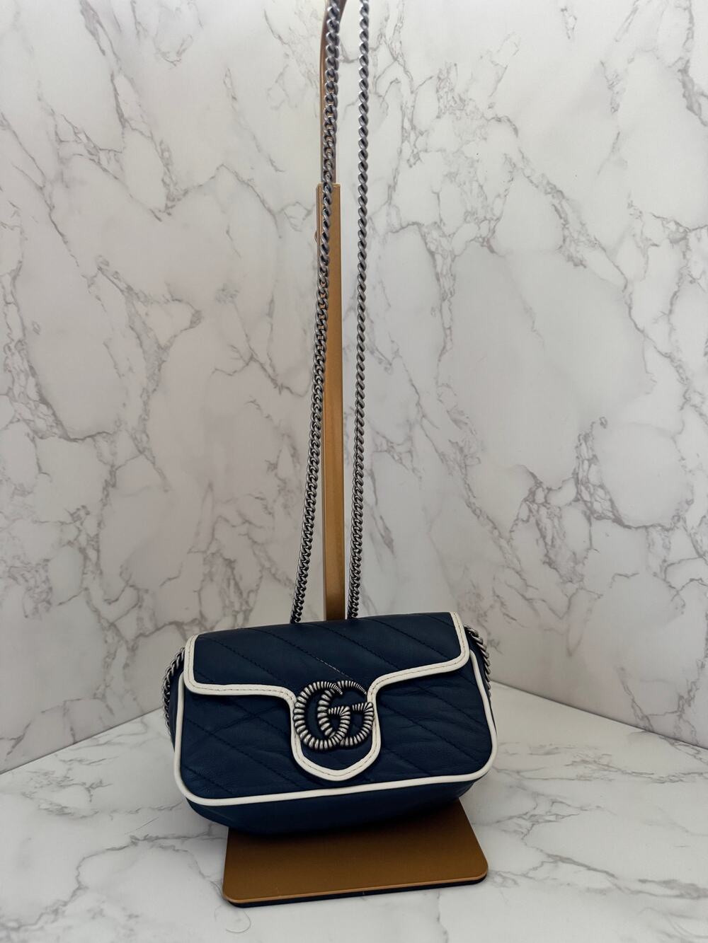 Gucci GG Marmont Torchon Super Mini in NavyWith White Piping